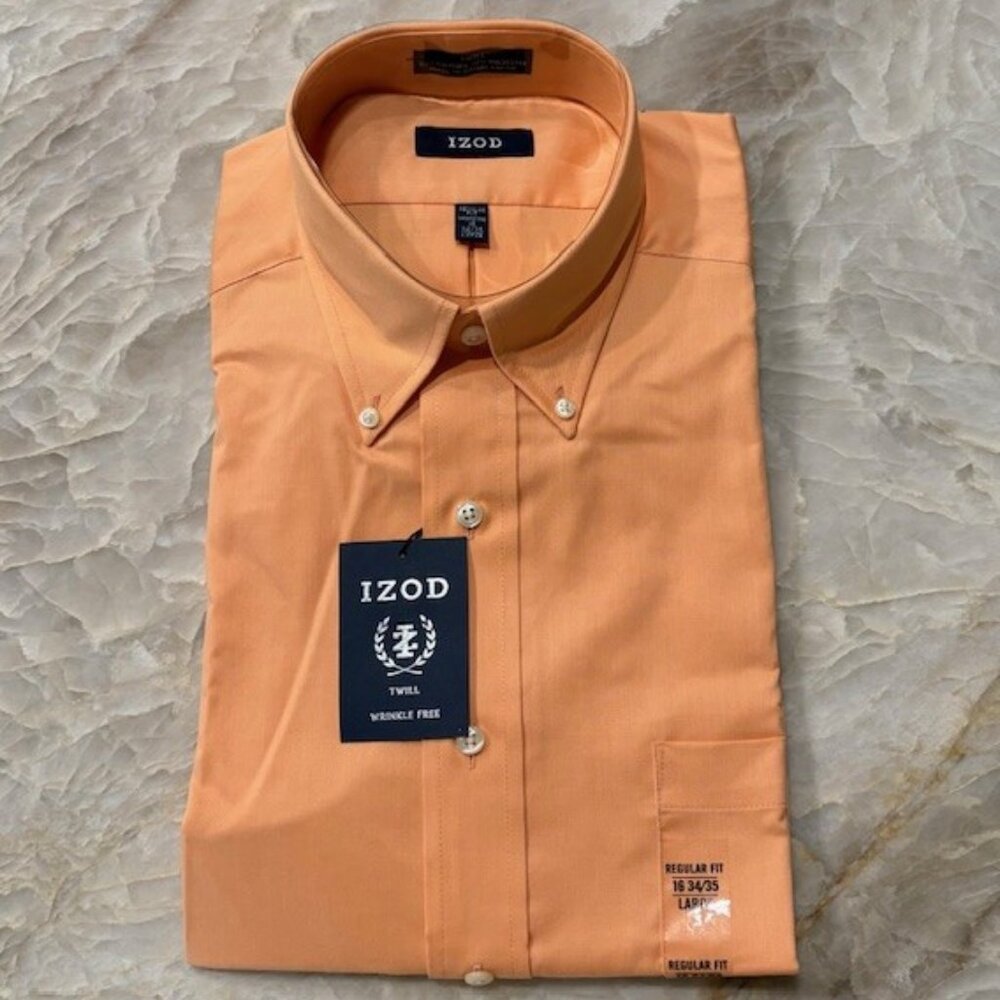 Izod Twill Wrinkle Free Button Down Shirt L 16 34/36 Cantalope Long Sleeve NWT